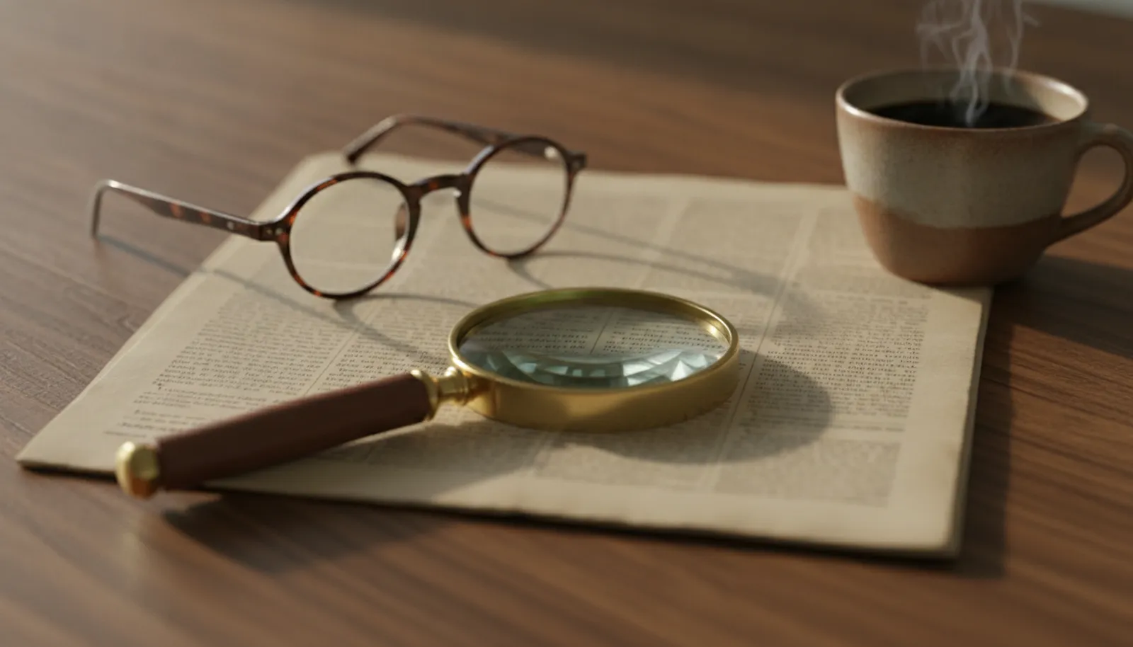 A magnifying glass and reading glasses resting on a printed newspaper on a wooden table beside a cup of coffee in warm daylight — scrutinizing the fine print