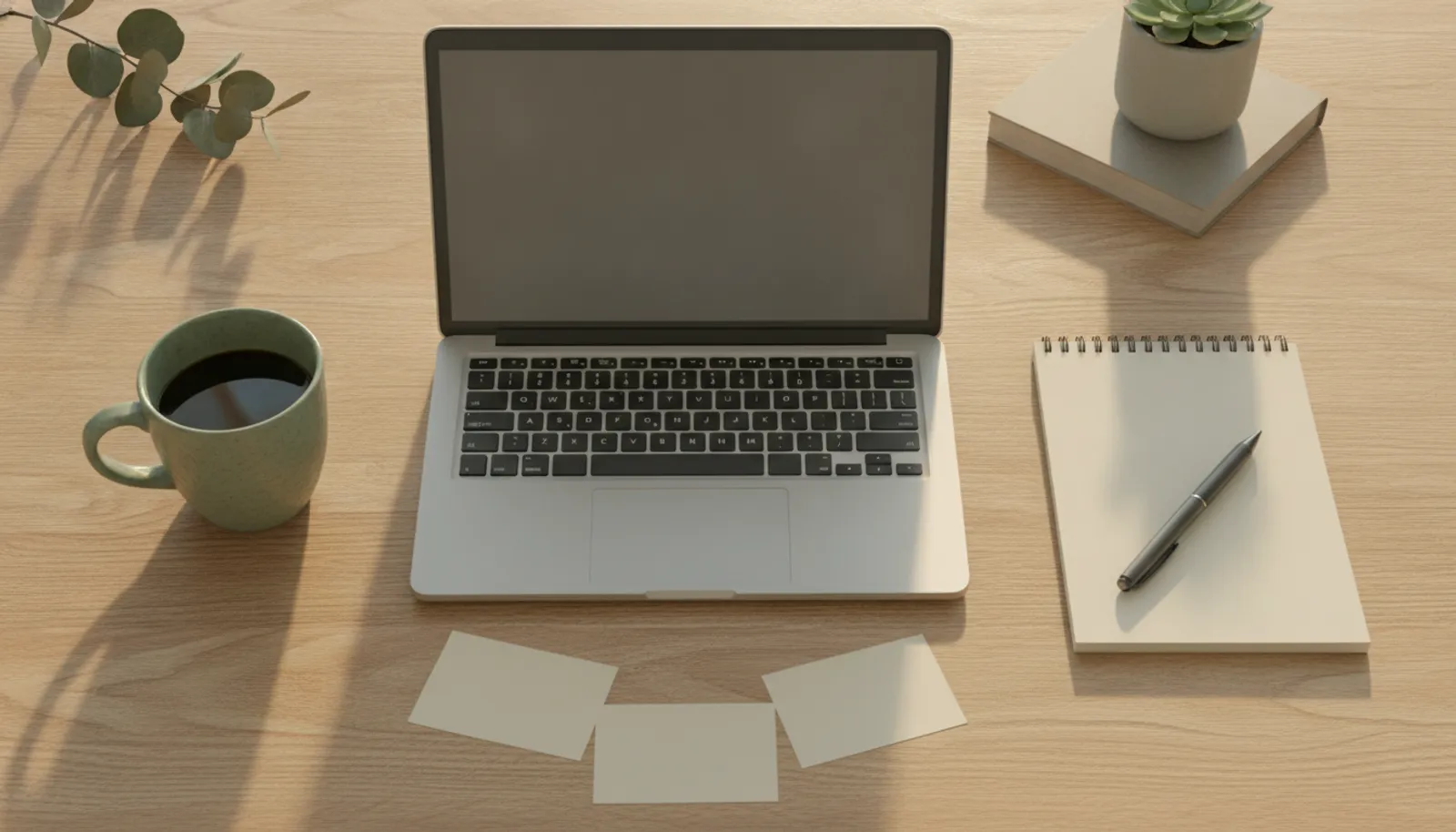 A warm overhead flat-lay of a copywriter's desk — a laptop, a notebook with a pen, a sage-green coffee mug, and blank cards fanned out in soft morning light
