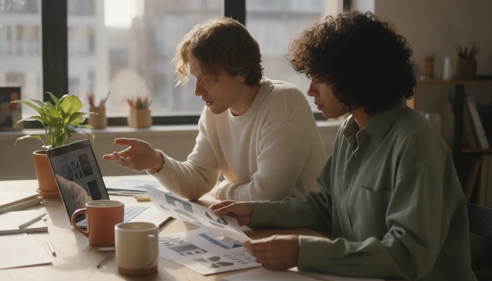 Two creative professionals collaborating at a studio table, one gesturing at a laptop while the other reviews printed page mockups, in warm natural light