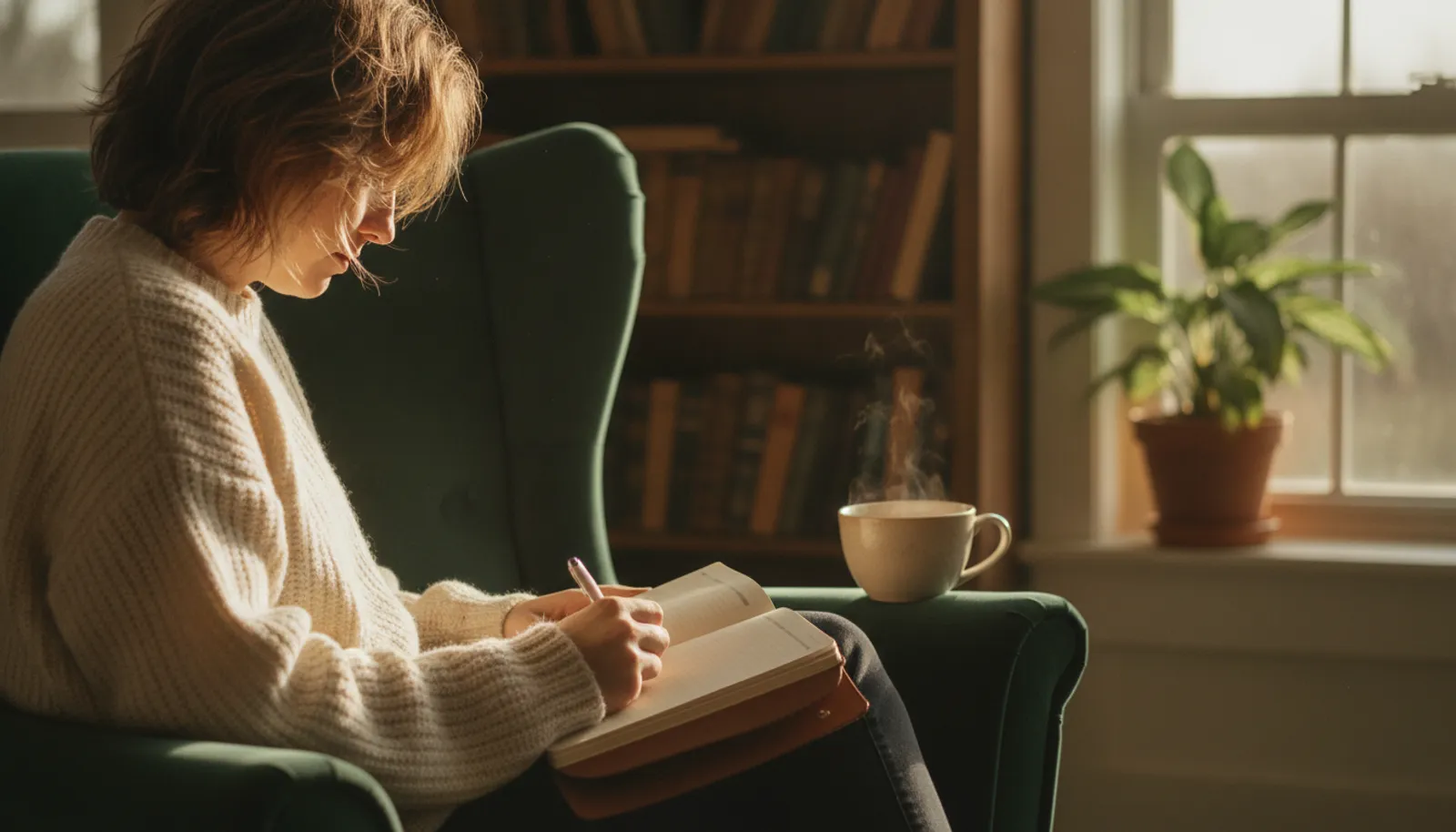 A person writing in a notebook in a cozy forest-green armchair by a window, with a steaming mug and a bookshelf behind them in warm golden light