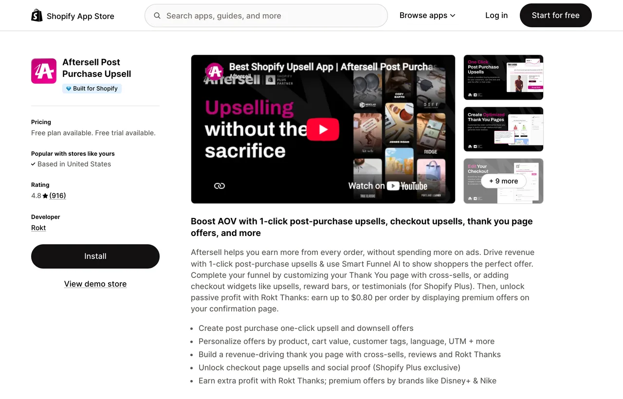 The Aftersell Post Purchase Upsell listing on the Shopify App Store showing 4.8 stars from 916 reviews, the developer listed as Rokt, and a description naming post-purchase upsells, thank-you page offers, and checkout upsells as Shopify Plus exclusive