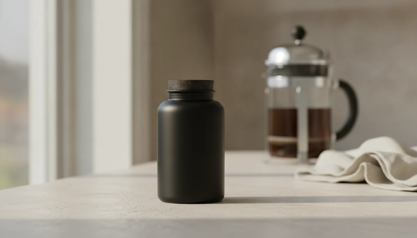 A supplement bottle on a clean stone surface in soft morning window light, styled like an editorial product photo
