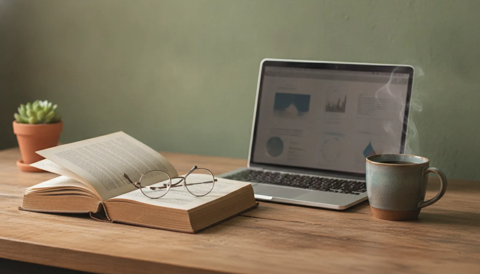 A worn vintage hardcover book with reading glasses resting on its open pages beside a modern laptop and coffee mug on a wooden desk in warm morning light