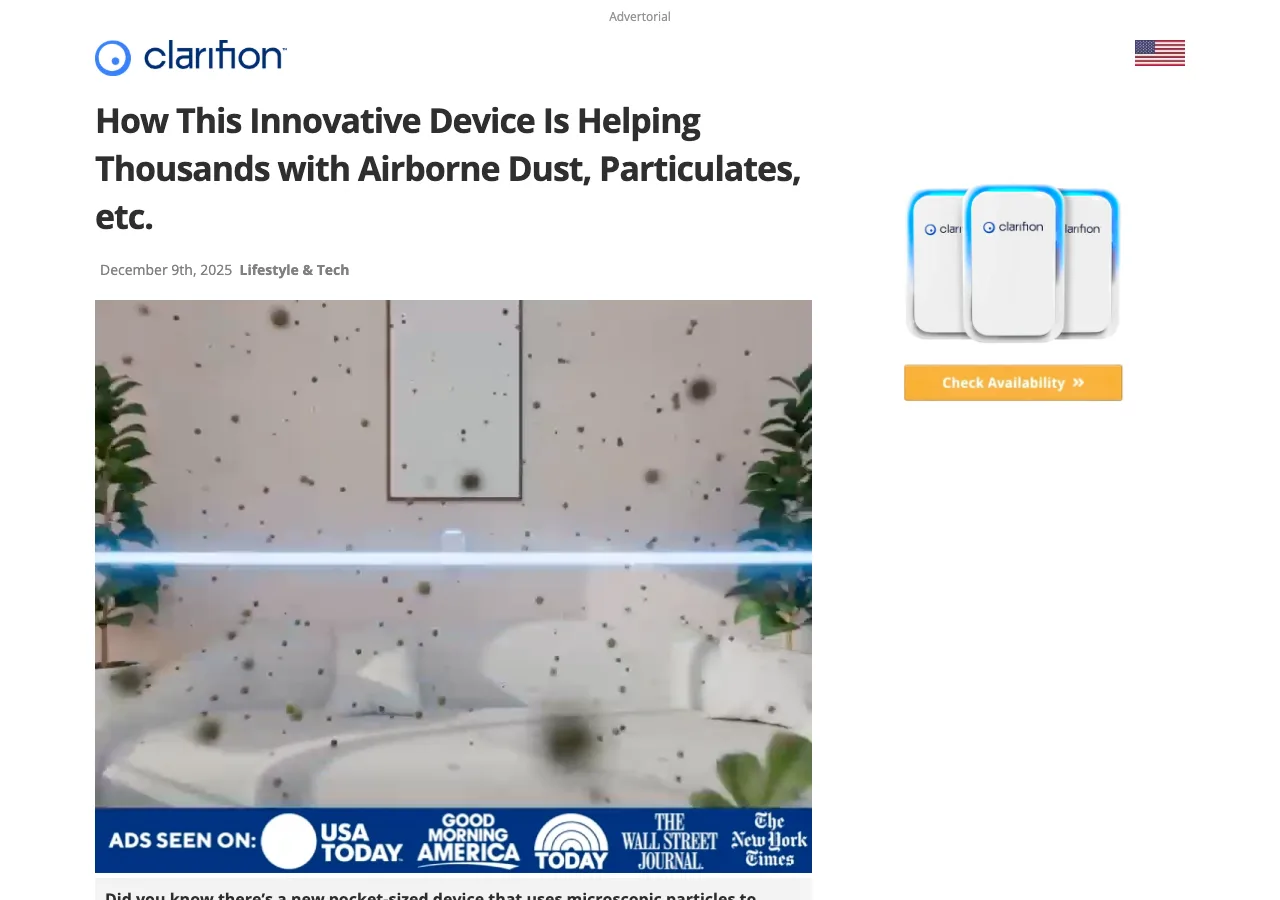 The Clarifion advertorial, which opens by naming the air-purifier industry's big brands as the enemy, with a clear advertorial label