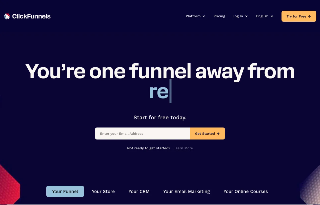 The ClickFunnels homepage positioning it as an all-in-one funnel and sales platform
