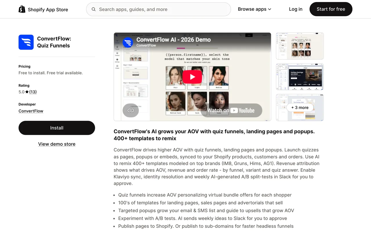 The ConvertFlow: Quiz Funnels listing on the Shopify App Store showing 5.0 stars from 13 reviews, a Free to install plan, and a description naming quiz funnels, landing pages and popups