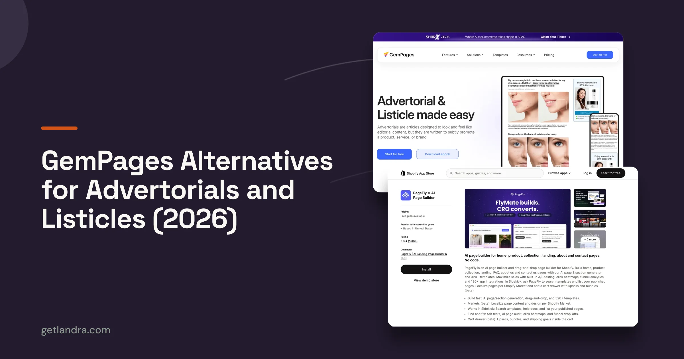 Landra cover for GemPages Alternatives for Advertorials and Listicles, framing GemPages’ own Advertorial and Listicle solution page beside the PageFly App Store listing