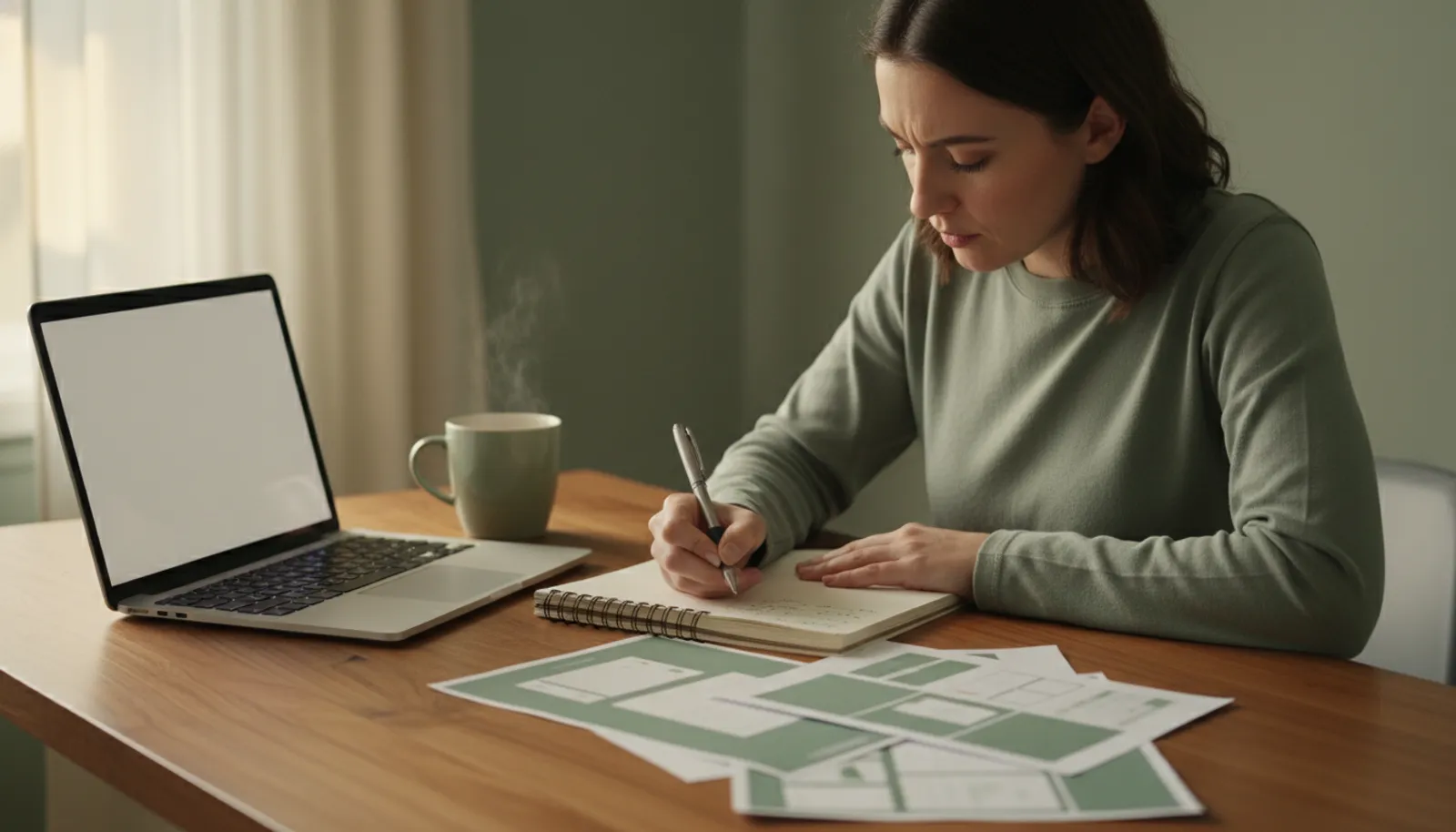 A copywriter at a wooden desk writing in a notebook beside a laptop, with a coffee and printed landing-page mockups nearby in warm morning light