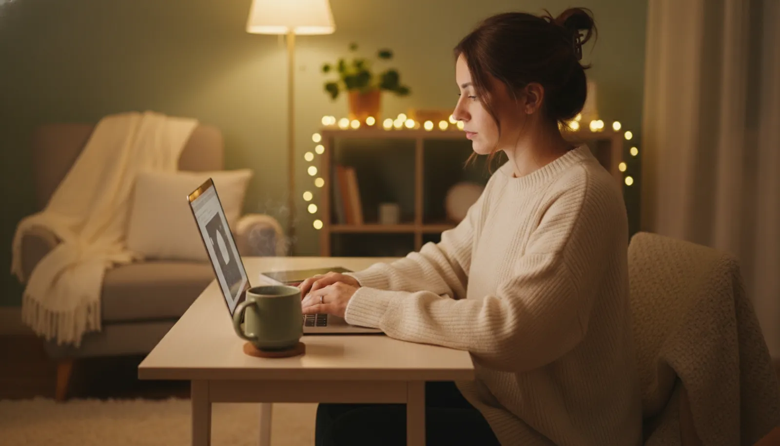 A DTC brand operator working late at a laptop in a warm home office, a coffee mug beside the keyboard, browsing online communities