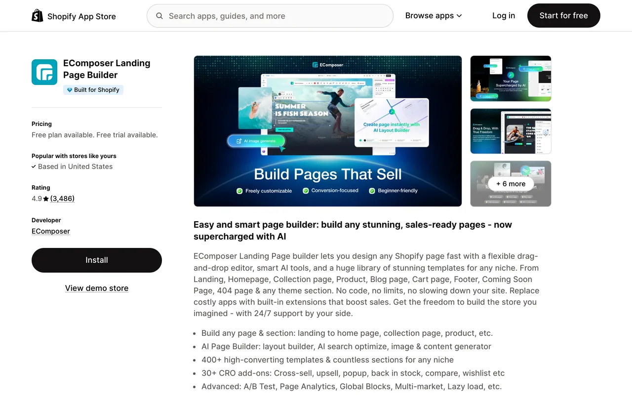 The EComposer listing on the Shopify App Store showing 4.9 stars from 3,486 reviews, the developer name and its page builder headline