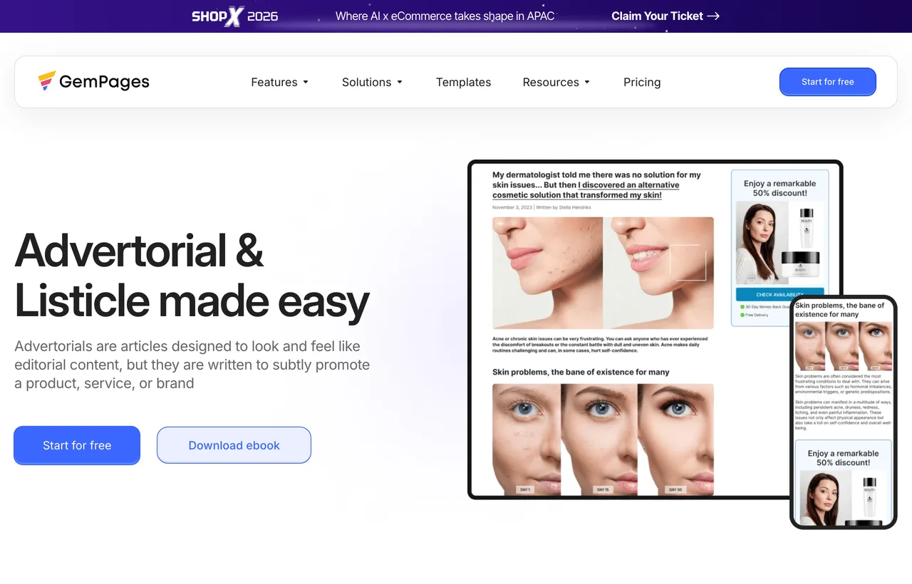 The gempages.net solution page headlined Advertorial and Listicle made easy, with the line Advertorials are articles designed to look and feel like editorial content but written to subtly promote a product, service, or brand, Start for free and Download ebook buttons, and a browser mockup of a skincare advertorial whose right column reads Enjoy a remarkable 50% discount over a CHECK AVAILABILITY button, beside a phone mockup headed Skin problems, the bane of existence for many