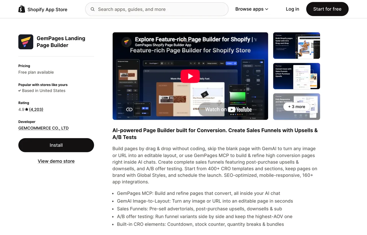 The GemPages listing on the Shopify App Store showing 4.9 stars from 4,203 reviews, developer GEMCOMMERCE CO., LTD., and feature callouts for GemAI Image-to-Layout, GemPages MCP and pre-sell advertorial funnels