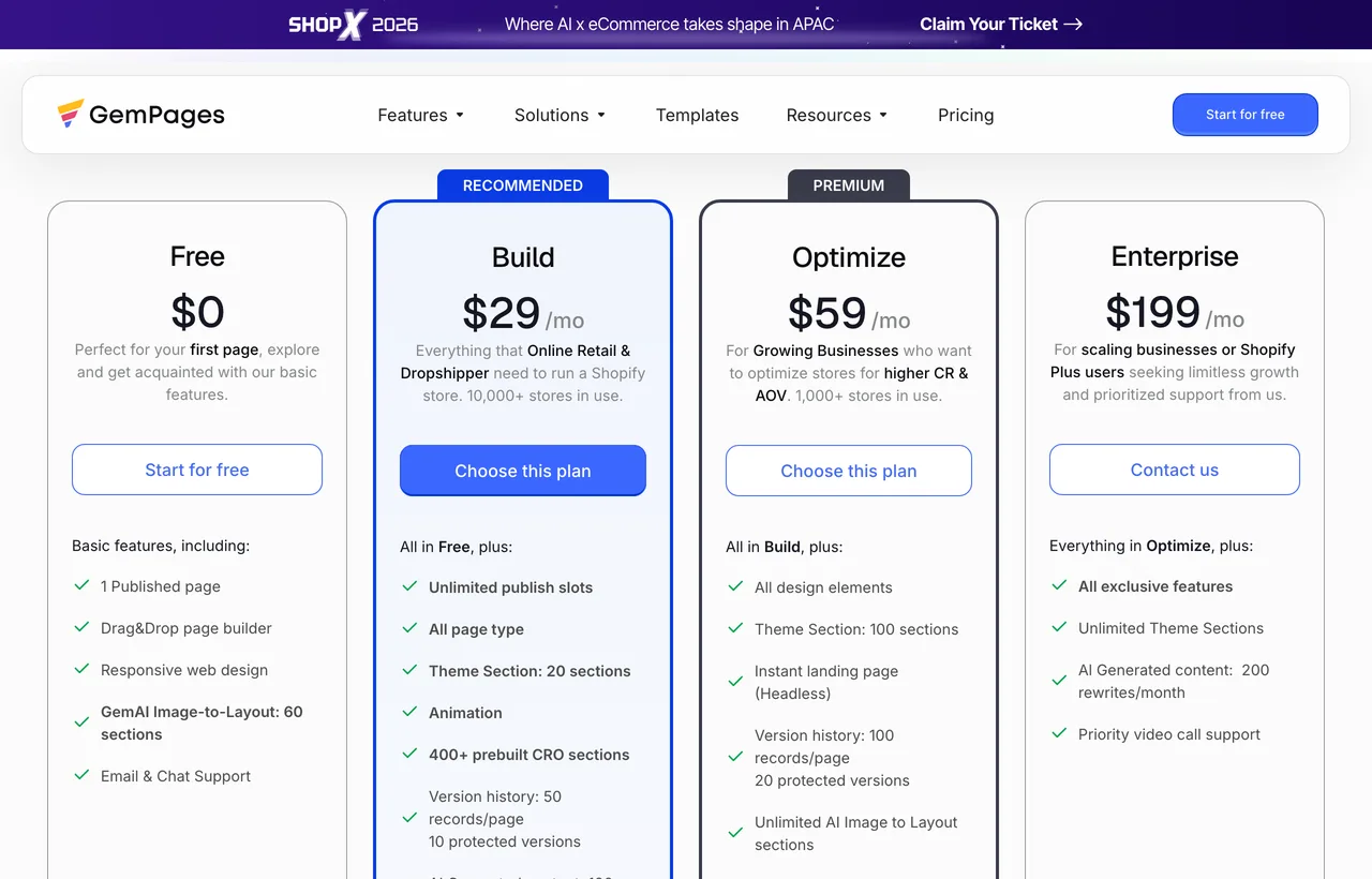The gempages.net pricing page showing four plans side by side: Free at $0 with 1 published page and GemAI Image-to-Layout for 60 sections, Build at $29 a month marked Recommended with unlimited publish slots and 400+ prebuilt CRO sections, Optimize at $59 a month marked Premium with unlimited AI Image to Layout sections, and Enterprise at $199 a month with AI Generated content at 200 rewrites a month