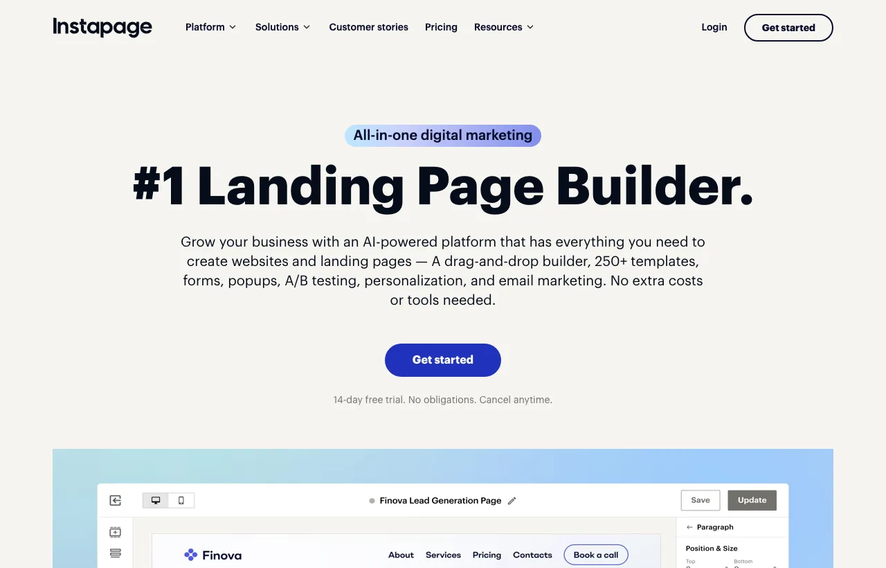 The Instapage homepage positioning it as an all-in-one landing page and post-click optimization platform