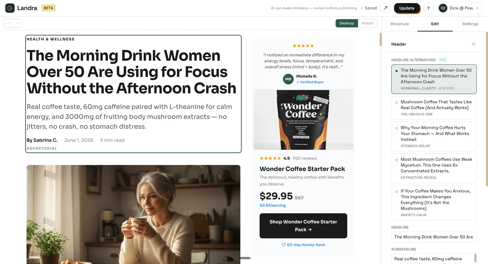 The Landra editor showing a generated advertorial — headline, hero, product module — alongside an edit panel with AI headline alternatives