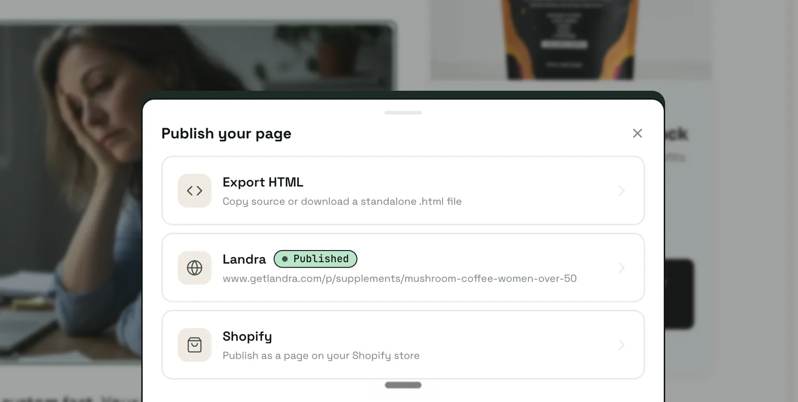 Landra's publish options — publish to a fast hosted Landra URL or to a connected Shopify store