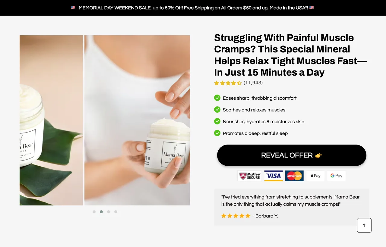 Mama Bear Oasis offer page with the headline Struggling With Painful Muscle Cramps, four benefit ticks, a black Reveal Offer button, and a review quote reading I've tried everything from stretching to supplements