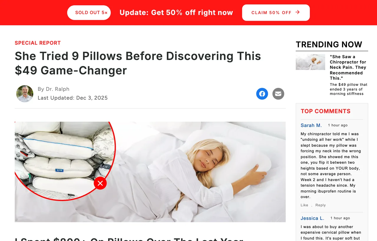The top of Mellow's sleep advertorial: a Special Report eyebrow over a headline about nine pillows tried before a $49 one, a byline reading By Dr. Ralph with no credentials attached, a SOLD OUT 5x / 50% off right now bar, and a Top Comments sidebar of static Like and Reply rows