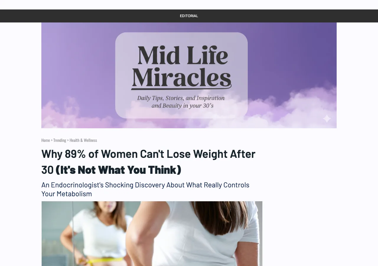 Obvi's advertorial landing page — Why 89% of Women Can't Lose Weight After 30 — styled as a first-person editorial under a Mid Life Miracles masthead