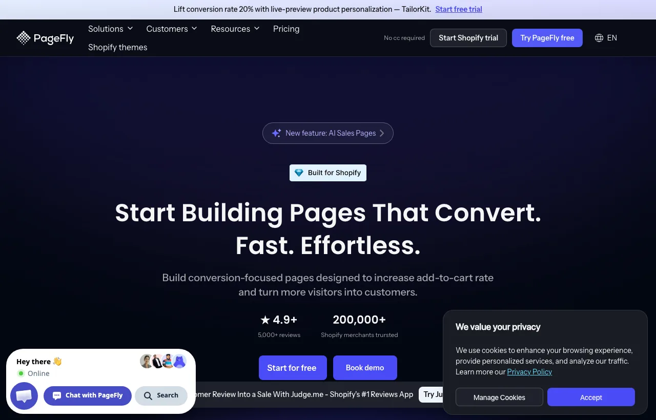 The PageFly homepage promoting its Shopify page builder with templates and a free plan