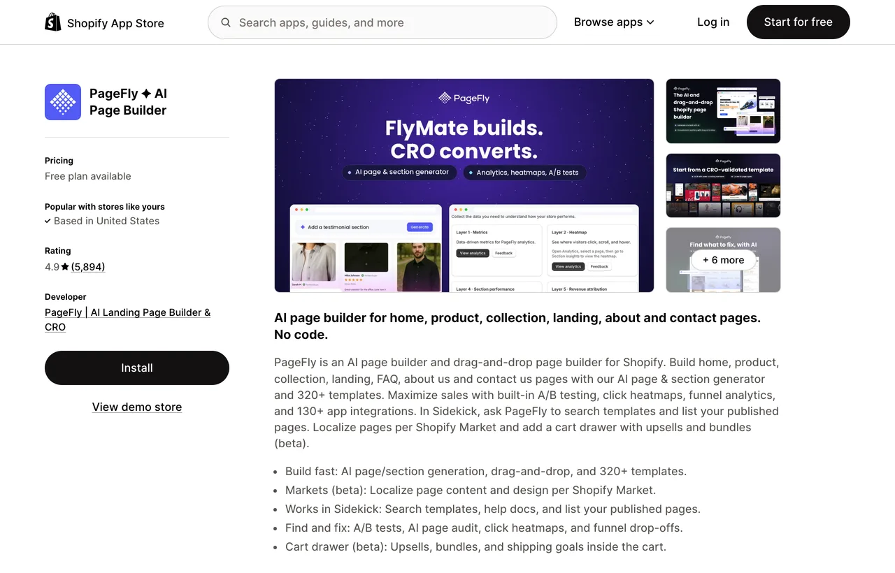 The PageFly listing on the Shopify App Store showing 4.9 stars from 5,894 reviews, the developer name and its landing page builder headline