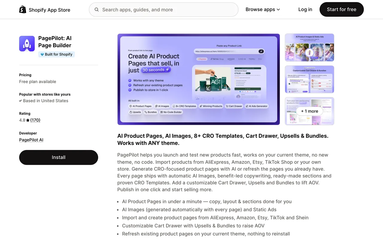The PagePilot listing on the Shopify App Store showing 4.8 stars from 170 reviews, the developer name and its AI product page generator headline