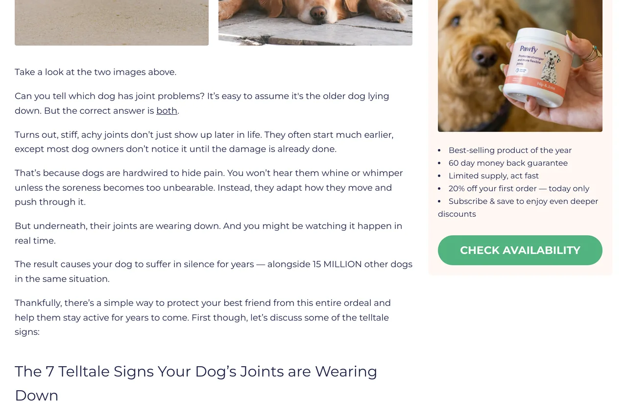 The live Pawfy hip and joint advertorial, scrolled to its sidebar offer card: a photo of the Hip and Joint jar, bullets reading best-selling product of the year, 60 day money back guarantee, limited supply, 20% off your first order today only, and subscribe and save to enjoy even deeper discounts, above a green CHECK AVAILABILITY button