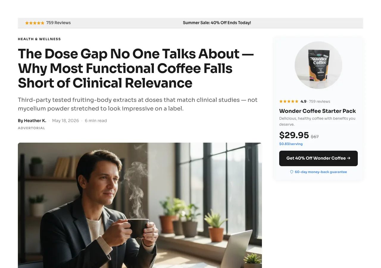 A Pow advertorial headlined 'The Dose Gap No One Talks About', opening on a category blind spot rather than the product