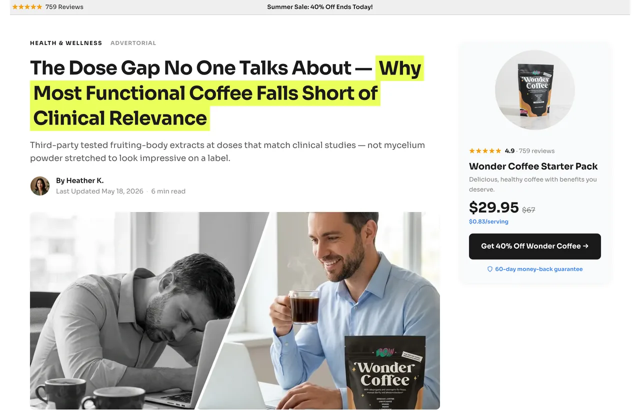 The top of Pow's advertorial: a grey top bar printing five stars and 759 Reviews on the left and 'Summer Sale: 40% Off Ends Today!' in the center, a HEALTH & WELLNESS / ADVERTORIAL eyebrow beneath it, the headline 'The Dose Gap No One Talks About — Why Most Functional Coffee Falls Short of Clinical Relevance' (quoted as the page prints it, em dash and all), a byline reading By Heather K., and a sidebar card repeating 4.9 and 759 reviews above a 60-day money-back guarantee