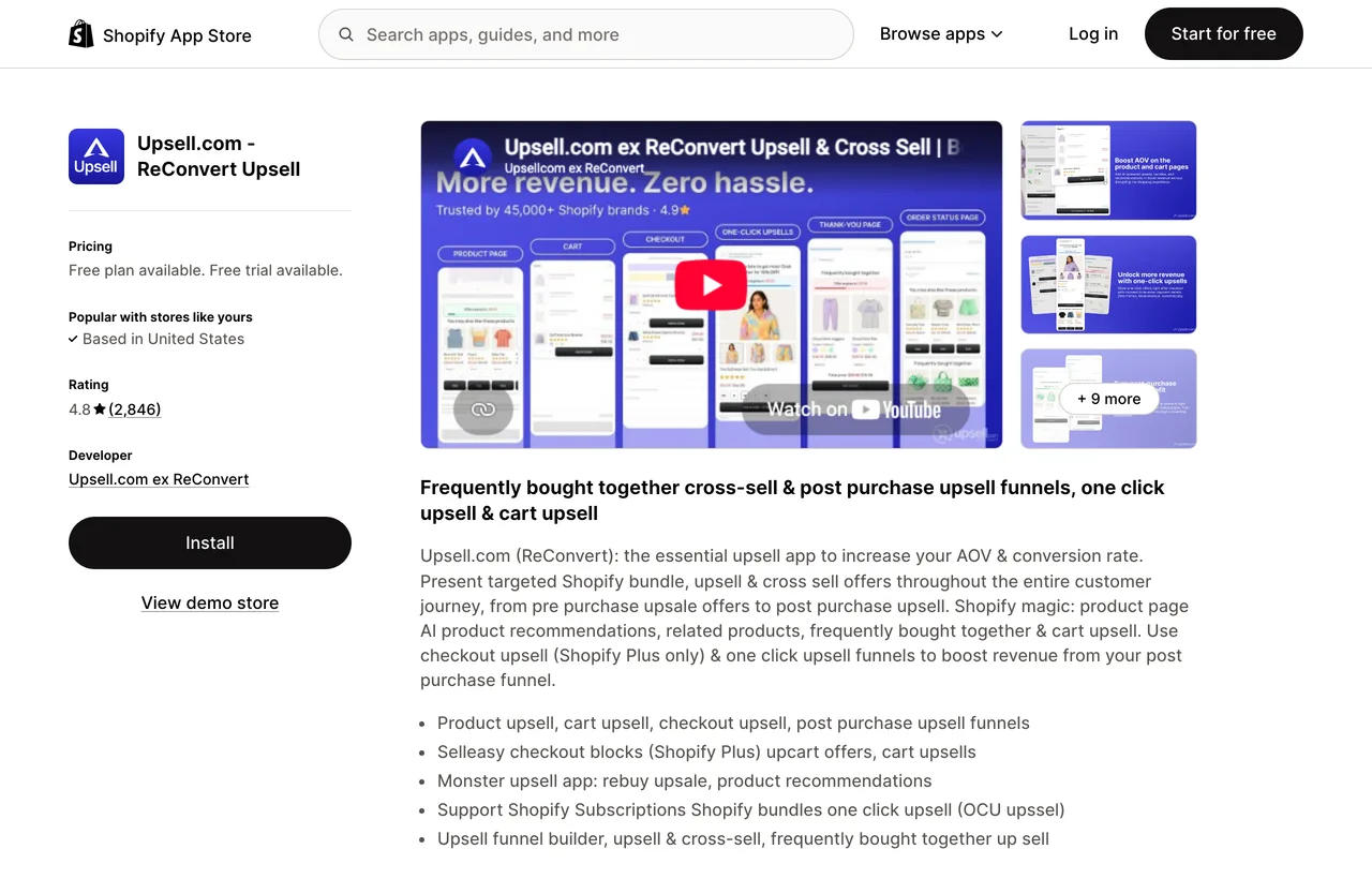 The Upsell.com ReConvert Upsell listing on the Shopify App Store showing 4.8 stars from 2,846 reviews, a free plan and free trial, and the developer listed as Upsell.com ex ReConvert