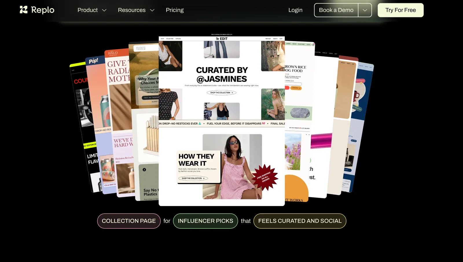 Replo's marketing site showing a fan of Shopify storefront page templates you assemble and customize visually