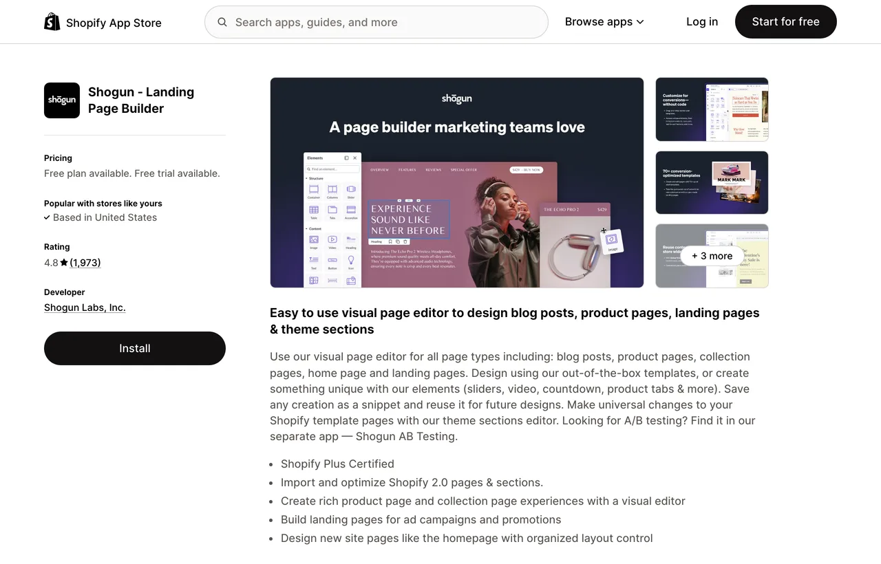 The Shogun listing on the Shopify App Store showing 4.8 stars from 1,973 reviews, the developer name and its ecommerce page builder headline