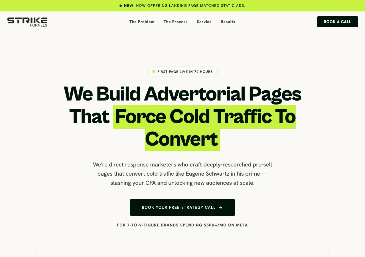 The StrikeFunnels homepage promising advertorial pages that force cold traffic to convert, with the first page live in 72 hours