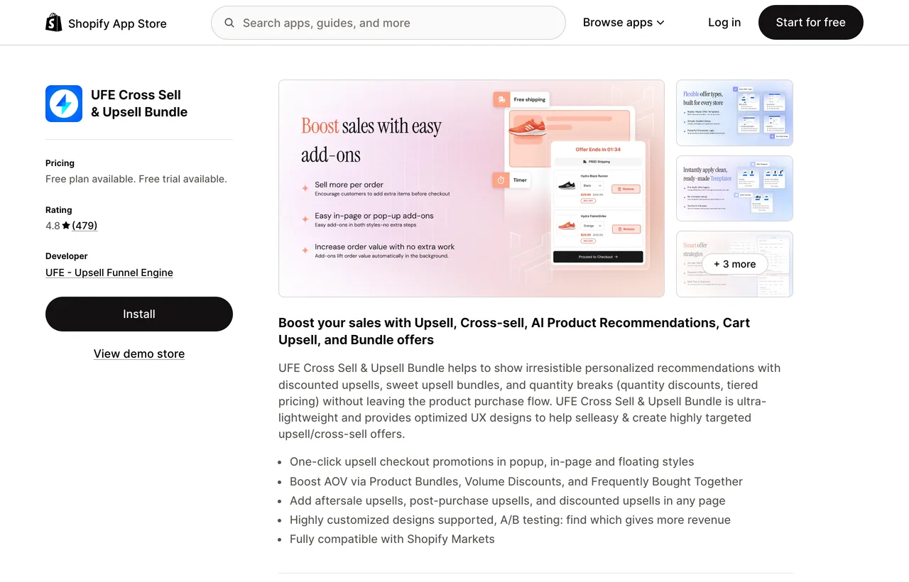 The UFE Cross Sell and Upsell Bundle listing on the Shopify App Store showing 4.8 stars from 479 reviews, a free plan and free trial, and the developer listed as UFE - Upsell Funnel Engine