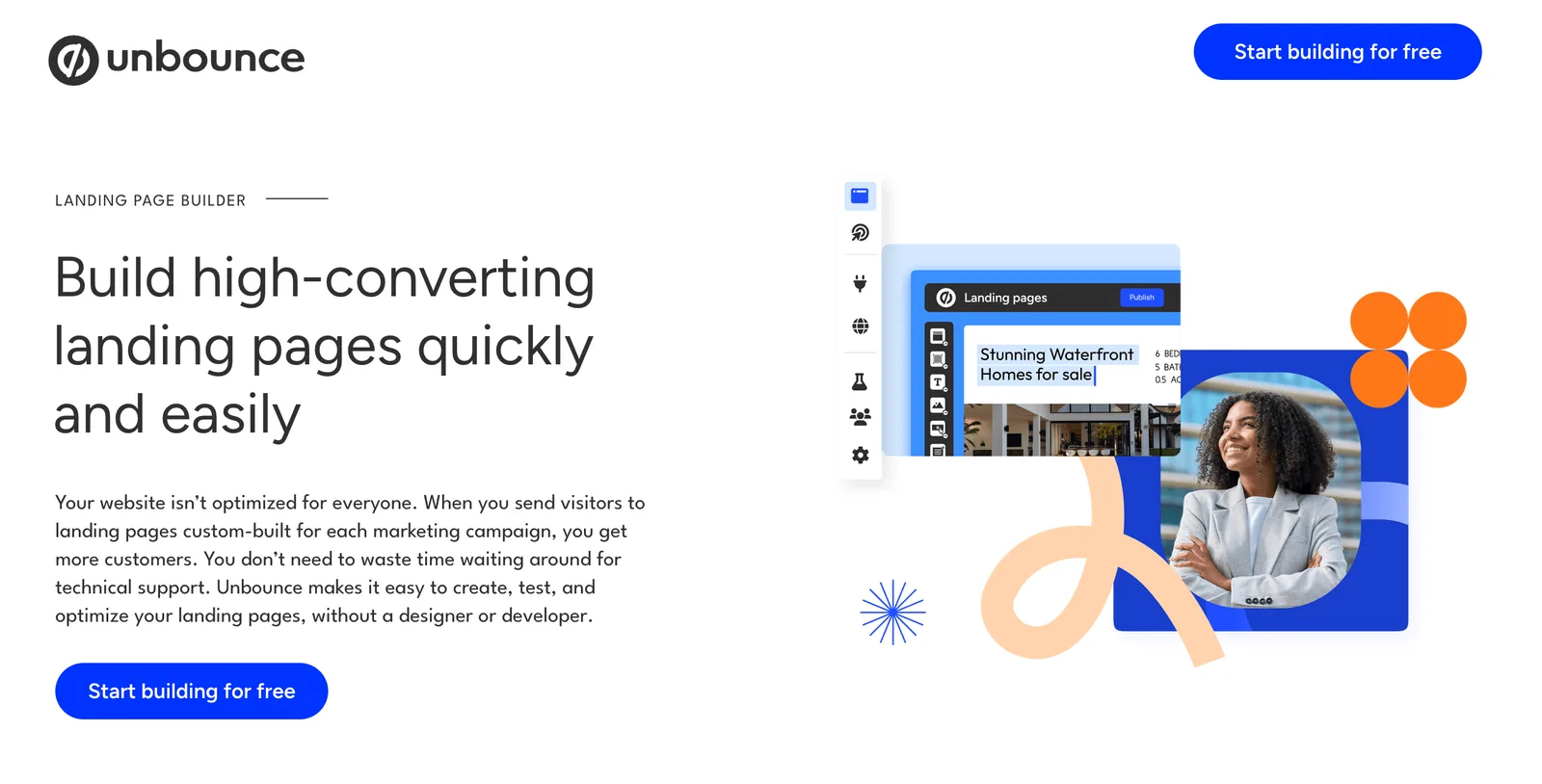 The Unbounce homepage positioning it as a landing-page platform with AI copy and Smart Traffic conversion optimization