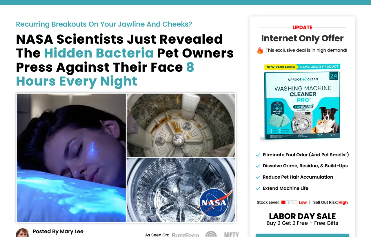 The live Uproot Clean advertorial at order.uprootclean.com, headlined “NASA Scientists Just Revealed The Hidden Bacteria Pet Owners Press Against Their Face 8 Hours Every Night” over a byline reading Posted By Mary Lee, served from Funnelish with a sidebar offer box