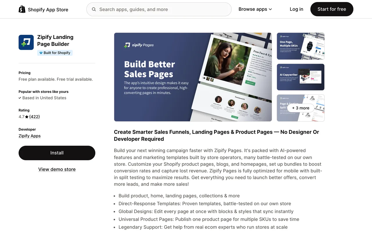 The Zipify Pages listing on the Shopify App Store showing 4.7 stars from 422 reviews, developer Zipify Apps, and its landing page builder headline