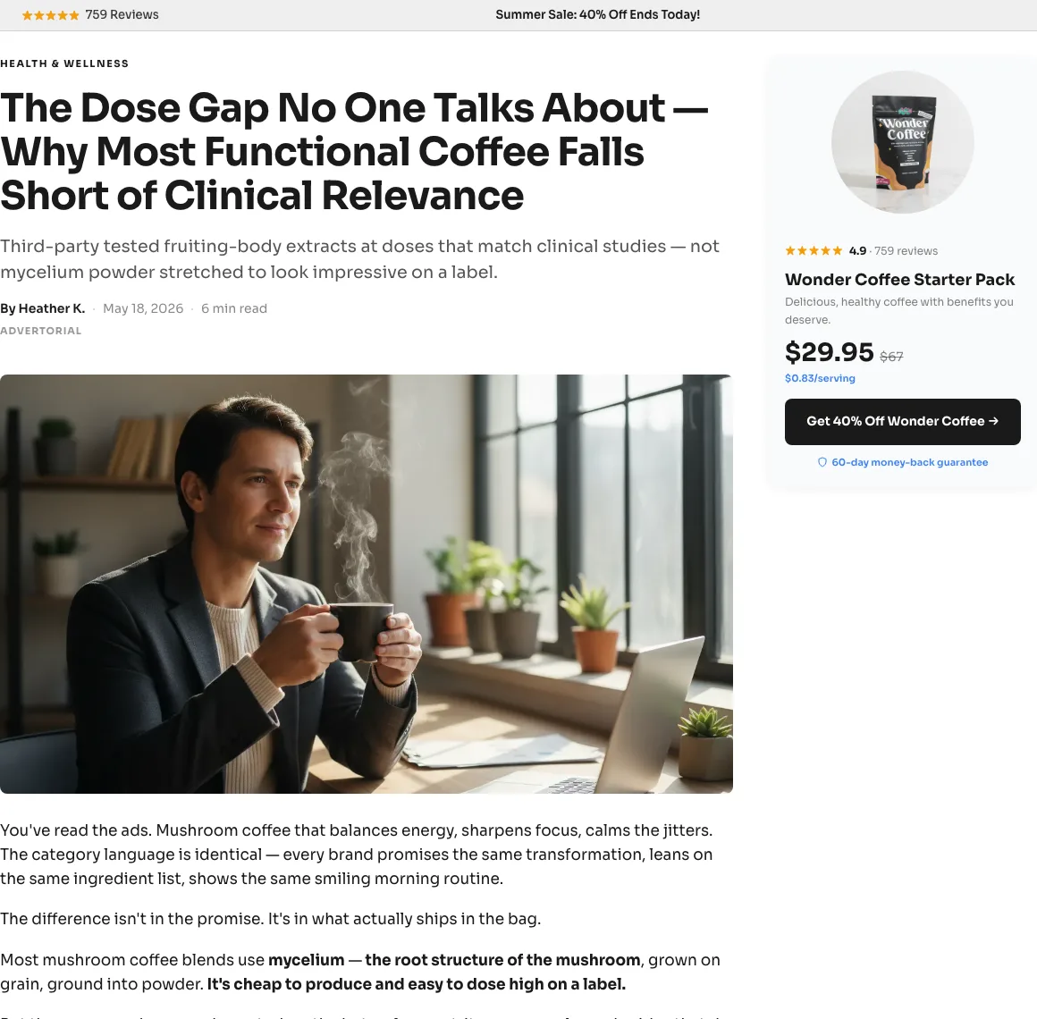 Pow's advertorial 'The Dose Gap No One Talks About — Why Most Functional Coffee Falls Short of Clinical Relevance,' with an ADVERTORIAL label, a byline, an editorial photo, and the Wonder Coffee offer in the sidebar