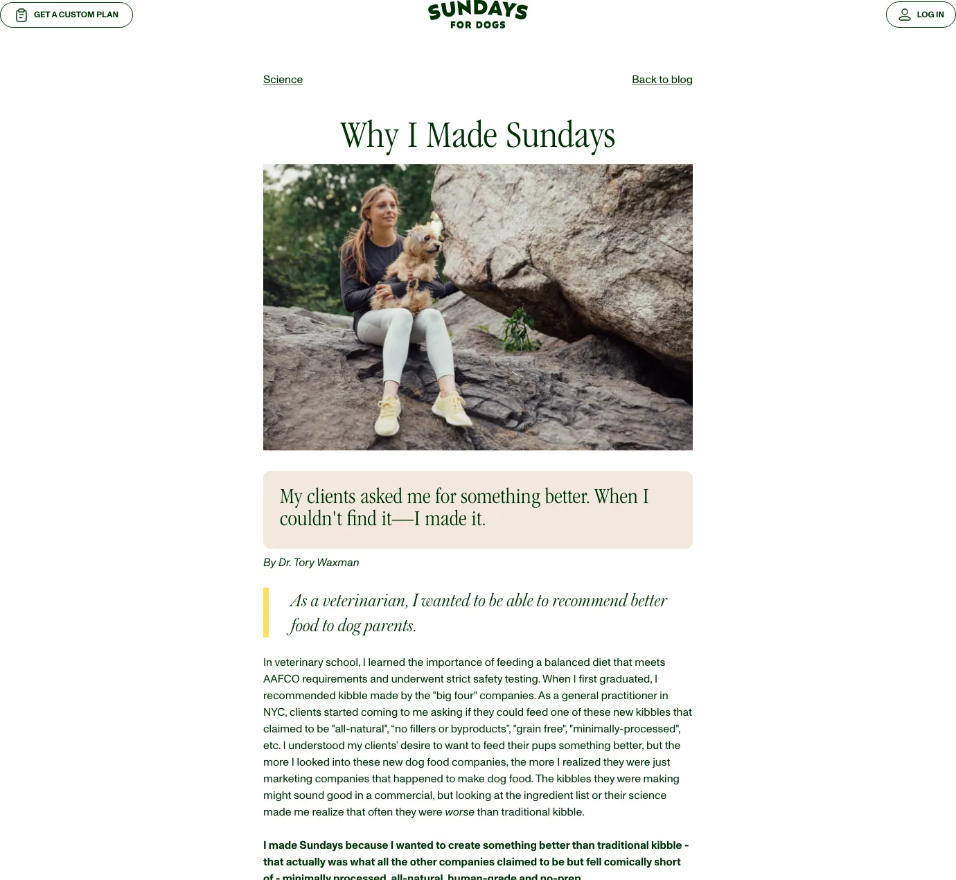 Sundays for Dogs' founder-story advertorial 'Why I Made Sundays,' bylined to veterinarian Dr. Tory Waxman with a founder photo and pull-quotes