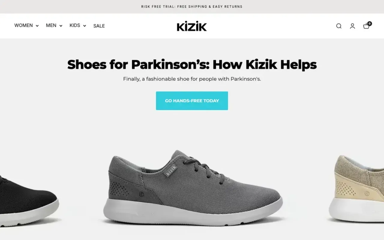 Top of Kizik's page headlined Shoes for Parkinson's: How Kizik Helps, with the subhead Finally, a fashionable shoe for people with Parkinson's, a Go Hands-Free Today button, and three sneakers below