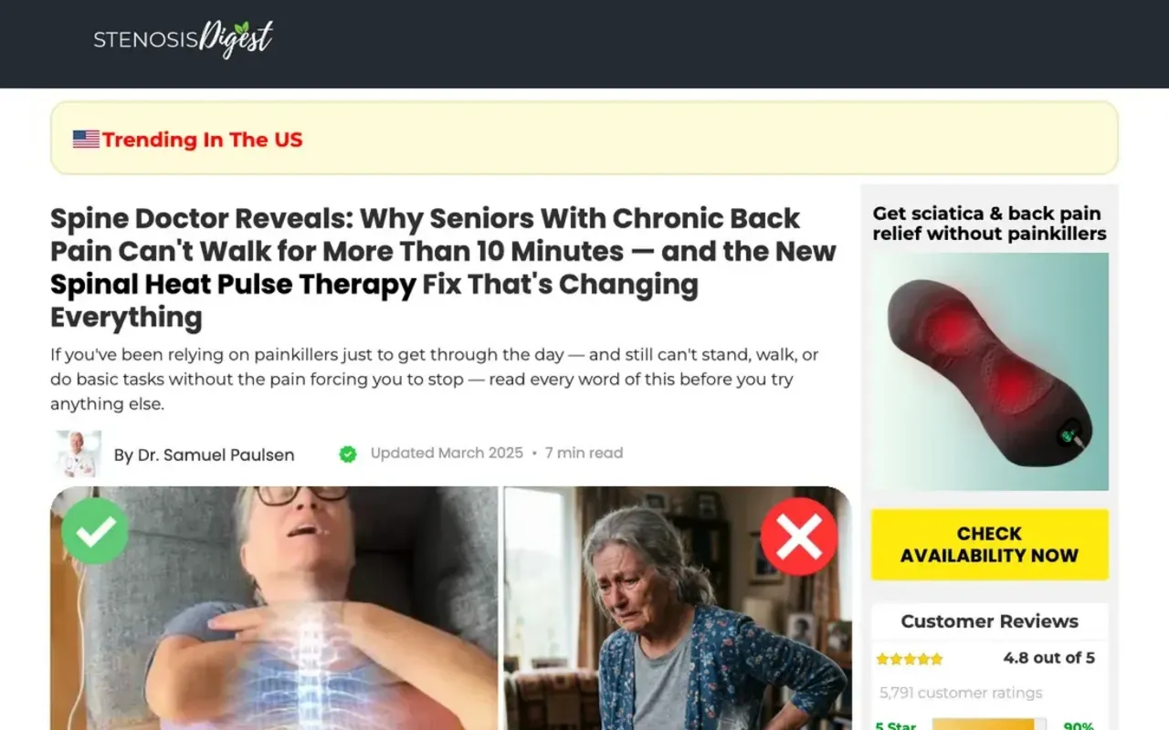 Top of Lumbowrap's advertorial under a Stenosis Digest masthead, headlined Spine Doctor Reveals: Why Seniors With Chronic Back Pain Can't Walk for More Than 10 Minutes, bylined Dr. Samuel Paulsen, with a sidebar product, a Check Availability Now button and a 4.8 out of 5 rating from 5,791 customer ratings