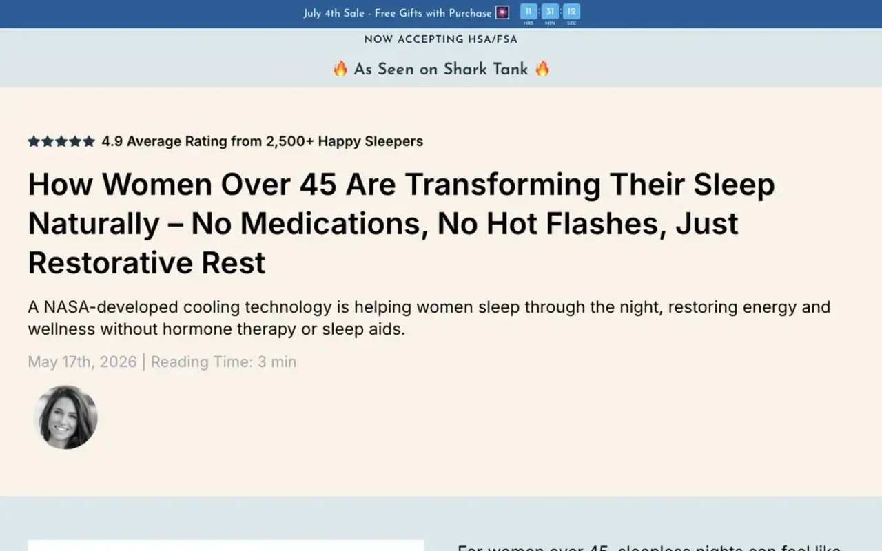 Top of Plufl's Hugl advertorial: a July 4th sale bar with a countdown, Now Accepting HSA/FSA, As Seen on Shark Tank, a 4.9 rating from 2,500+ sleepers, and the headline How Women Over 45 Are Transforming Their Sleep Naturally, No Medications, No Hot Flashes, Just Restorative Rest
