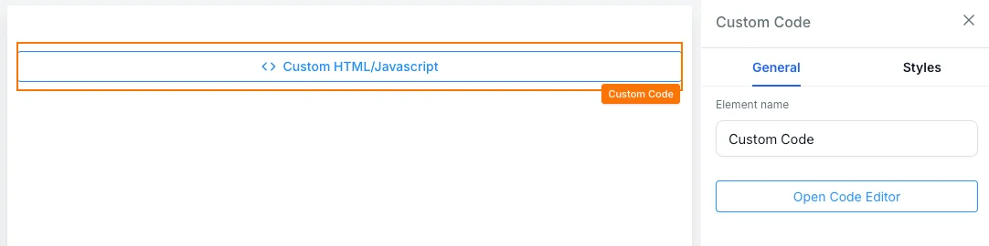 A blank GoHighLevel funnel step holding a single Custom HTML/Javascript element, with the Custom Code panel open on the right showing the element name field and an Open Code Editor button