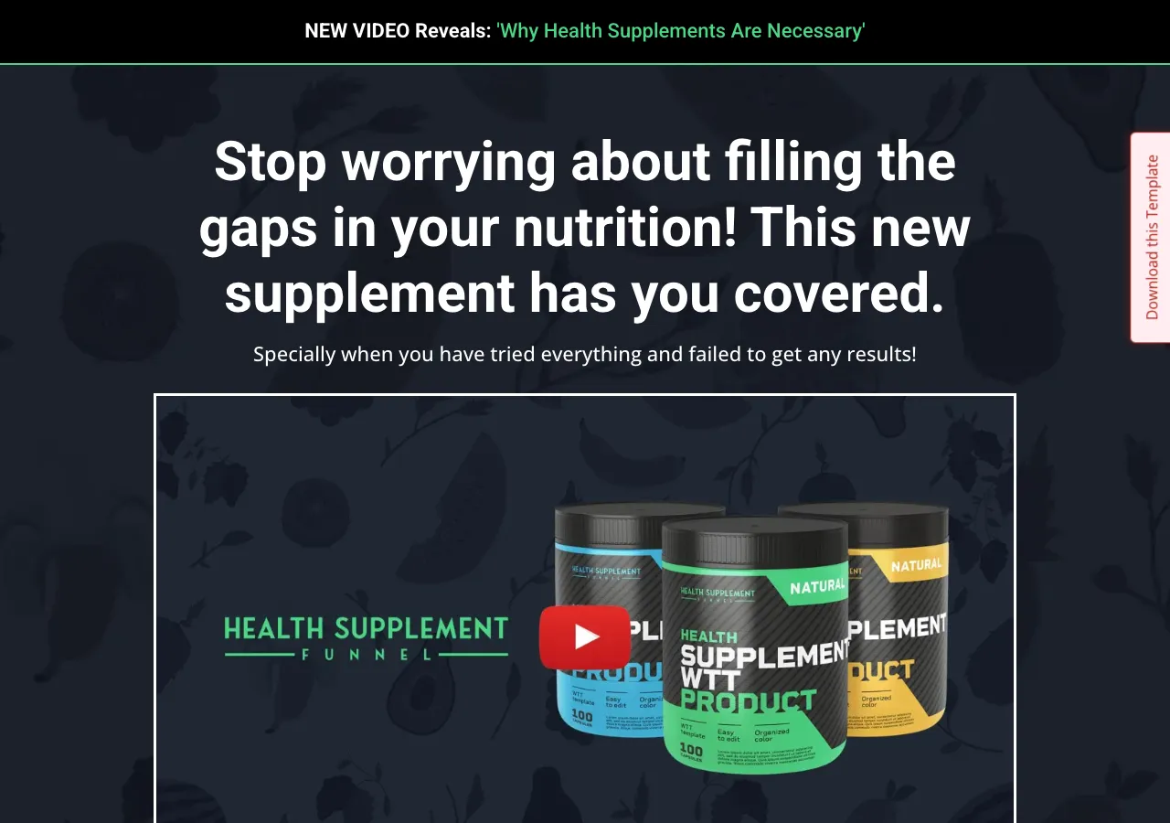The live GHLElite Health Supplement Funnel demo, with a black bar reading NEW VIDEO Reveals: Why Health Supplements Are Necessary above a headline that opens straight on the pitch and a video block showing three supplement tubs