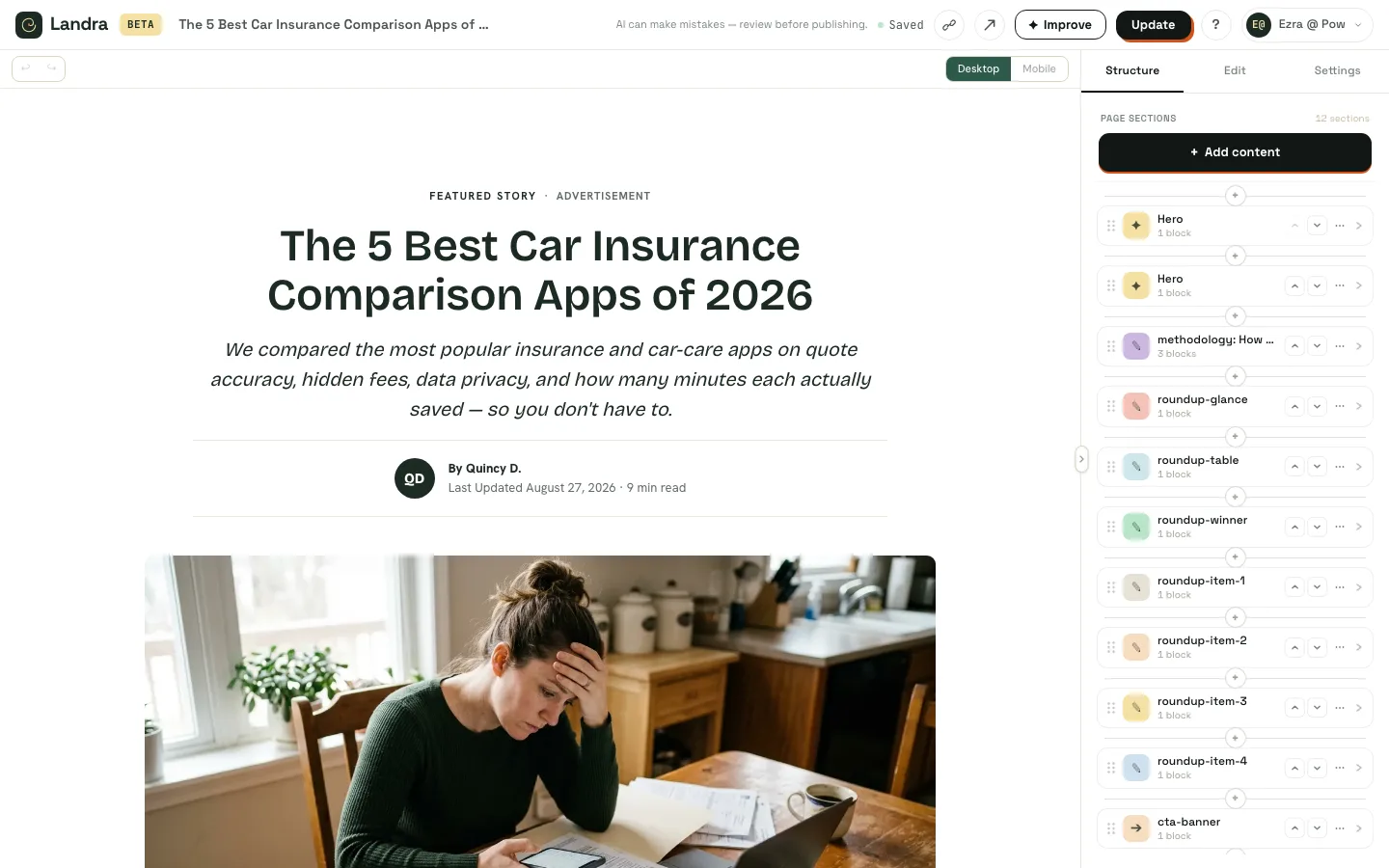 The Landra editor open on a car insurance roundup headlined The 5 Best Car Insurance Comparison Apps of 2026, with a photo of someone going through paperwork at a kitchen table, and a structure panel on the right listing twelve sections including methodology, roundup table, roundup winner and four roundup items