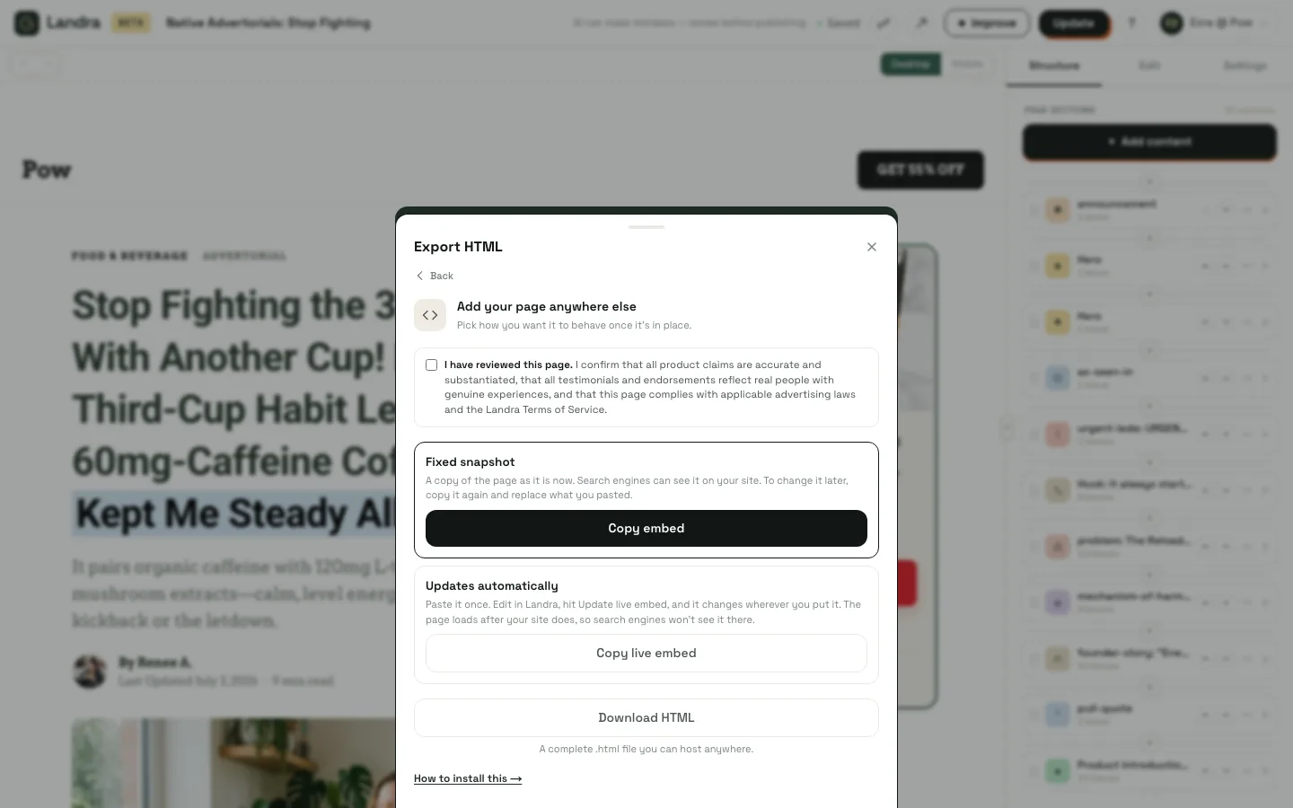 The Landra Export HTML dialog on the Somewhere else view, with a review confirmation checkbox above a Fixed snapshot card holding a Copy embed button, an Updates automatically card holding a Copy live embed button, and a Download HTML option beneath both