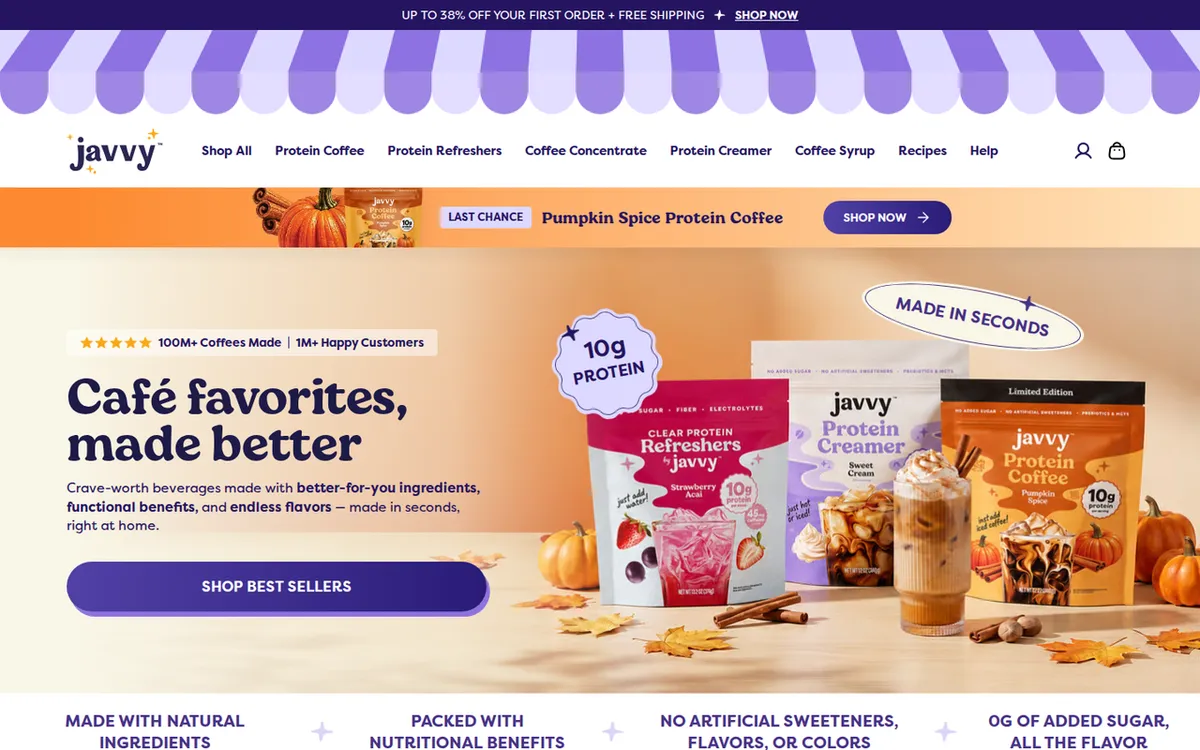 The top of the Javvy homepage: a discount banner, an eight-item menu, a pumpkin spice promo bar, and the headline Café favorites, made better above a product carousel