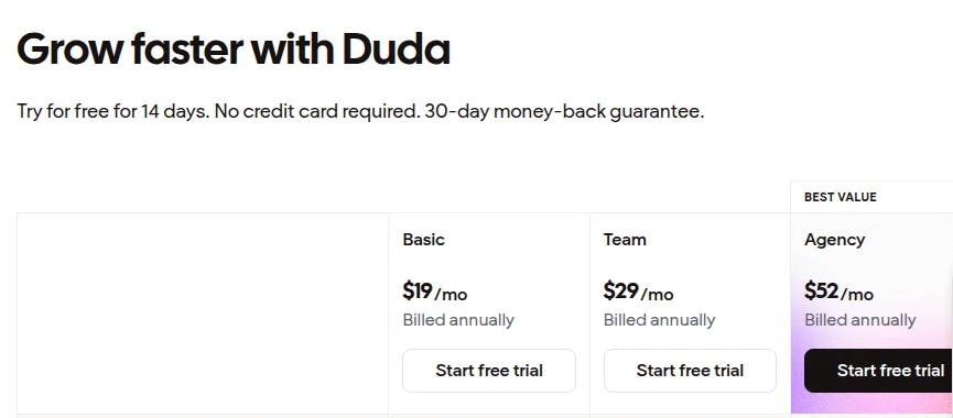 Duda pricing page headed Grow faster with Duda, offering a 14-day free trial with no credit card and a 30-day money-back guarantee, with Basic at $19, Team at $29 and Agency at $52 a month billed annually