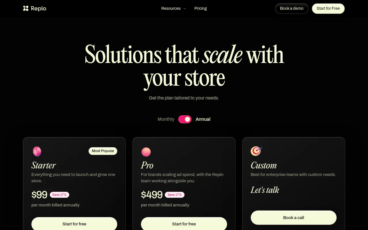 Replo pricing page headed Solutions that scale with your store, showing Starter at $99 and Pro at $499 a month billed annually, and a Custom plan with a Book a call button