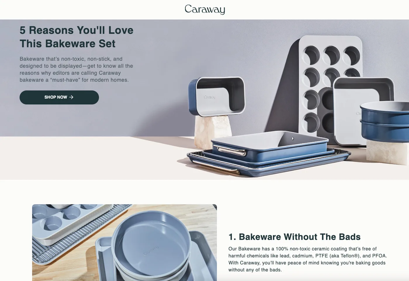 Caraway's '5 Reasons You'll Love This Bakeware Set' listicle landing page, with reason one titled 'Bakeware Without The Bads' about non-toxic ceramic coating